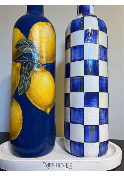 750 ml El Yapımı Mavi Limon ve Dama Desenli 2’li Cam Yağdanlık Seti – Gold Başlıklı Dekoratif Tarz indirimleri