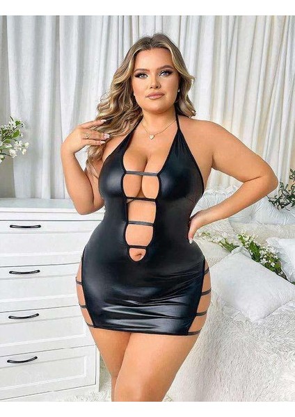 Büyük Beden Siyah Deri Ip Detaylı Fantezi Elbise