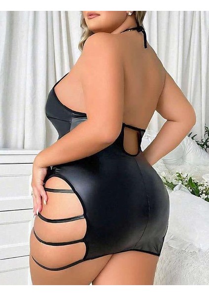 Büyük Beden Siyah Deri Ip Detaylı Fantezi Elbise fiyatları