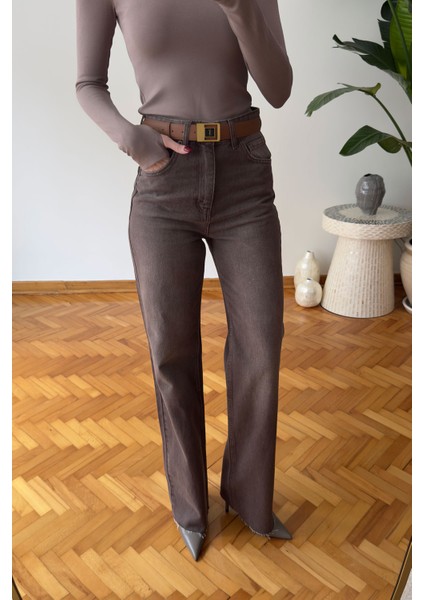 Geniş Kesik Paça Premium Jean- Kahverengi