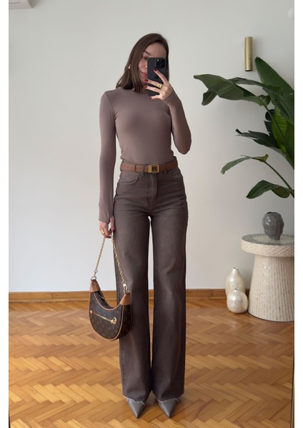 Geniş Kesik Paça Premium Jean- Kahverengi fırsatları