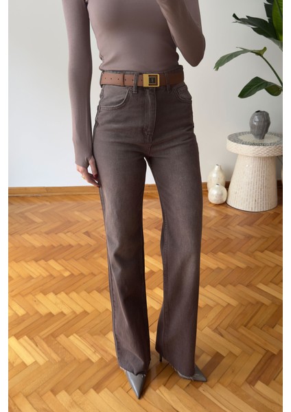 Geniş Kesik Paça Premium Jean- Kahverengi indirimleri