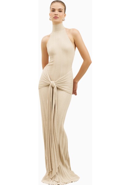 Fine Knit Gathered Halter Neck Maxi Dress Shimmer Ribbed Knit Kadın Elbise