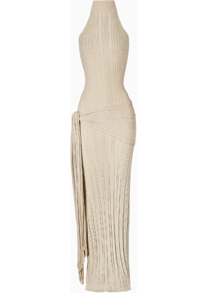 Fine Knit Gathered Halter Neck Maxi Dress Shimmer Ribbed Knit Kadın Elbise fiyatları