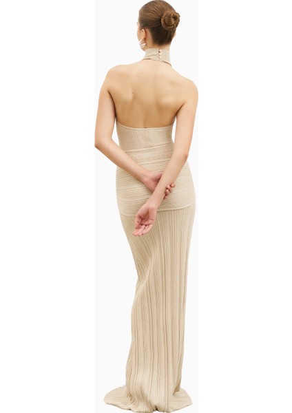 Fine Knit Gathered Halter Neck Maxi Dress Shimmer Ribbed Knit Kadın Elbise modelleri