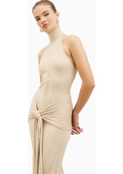 Fine Knit Gathered Halter Neck Maxi Dress Shimmer Ribbed Knit Kadın Elbise