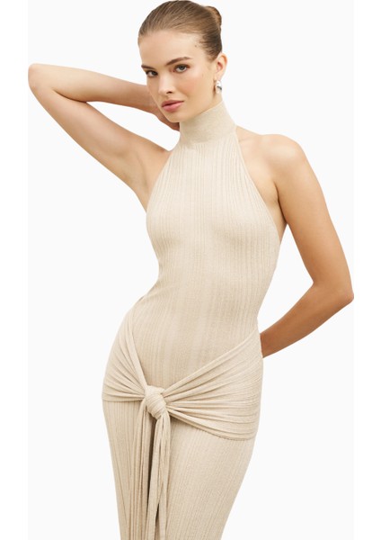 Fine Knit Gathered Halter Neck Maxi Dress Shimmer Ribbed Knit Kadın Elbise