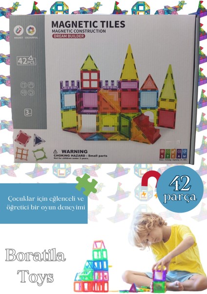 Manyetik Tiles Renkli 42 Parça Manyetik Yapı Magnetic Bloklar