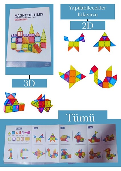 Manyetik Tiles Renkli 42 Parça Manyetik Yapı Magnetic Bloklar modelleri