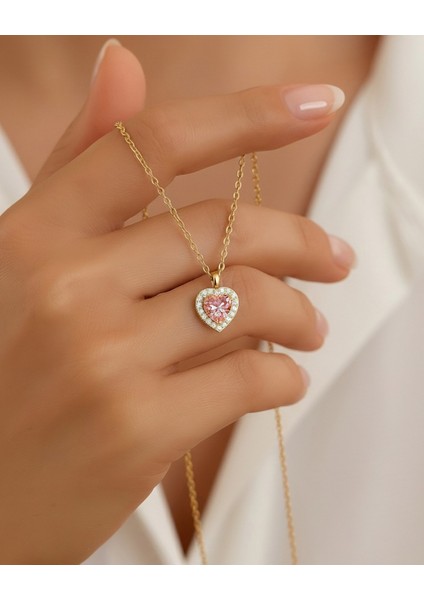 Pembe Kalp Taşlı Pırlanta Görünümlü Altın Kaplama Gümüş Kolye