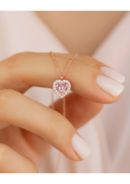 Pembe Kalp Taşlı Pırlanta Görünümlü Rose Gümüş Kolye