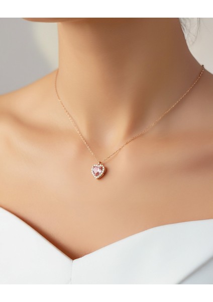Pembe Kalp Taşlı Pırlanta Görünümlü Rose Gümüş Kolye fiyatları