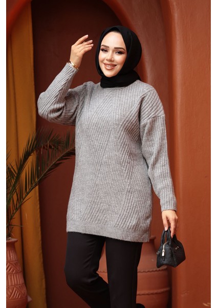 Gri Tesettür Triko Kazak Tunik 7852GR