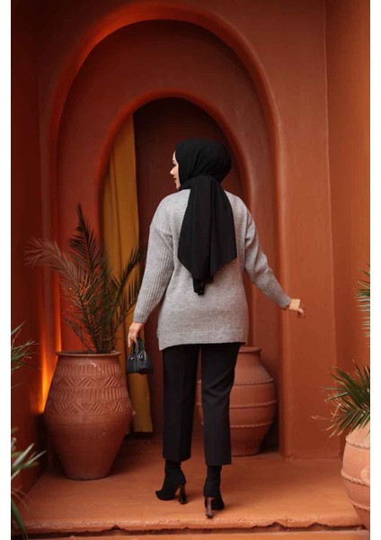 Gri Tesettür Triko Kazak Tunik 7852GR modelleri