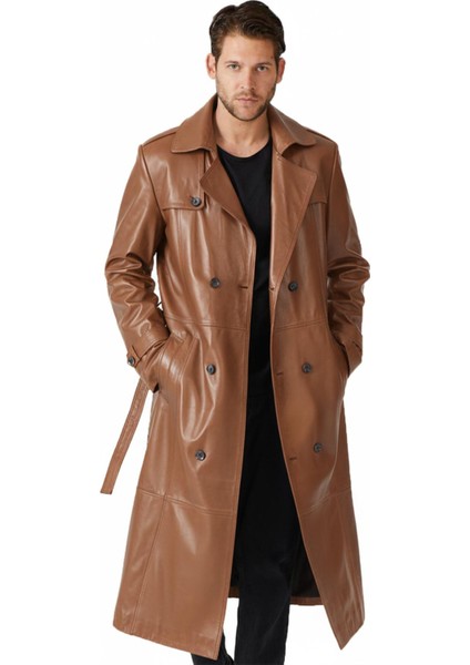 Viski Matrix Hakiki Deri Kruvaze Düğme Kapamalı Yırtmaçlı Astarlı Kemerli Trençkot Erkek Kaban