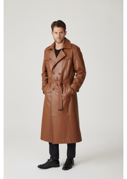 Viski Matrix Hakiki Deri Kruvaze Düğme Kapamalı Yırtmaçlı Astarlı Kemerli Trençkot Erkek Kaban fiyatları