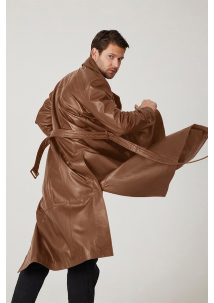 Viski Matrix Hakiki Deri Kruvaze Düğme Kapamalı Yırtmaçlı Astarlı Kemerli Trençkot Erkek Kaban fırsatları