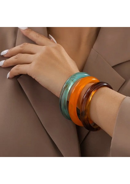 3 Parça Çok Renkli Gradyan Reçine Bileklik Seti, Şık ve Çok Yönlü Geometrik Retro Tarzı Günlük Veya Gün Toplantıları Için Değişken Renkler ve Desenler De Bileklik