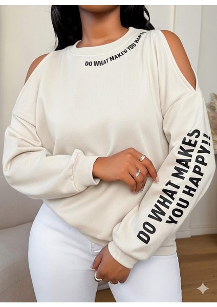 Premium 3 Iplik Kumaş Ekru Sweatshirt | Oversize Rahat Kalıp | Siyah Minimal Baskılı