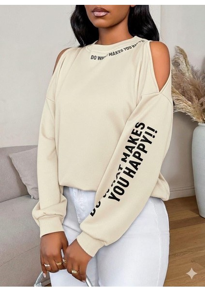 Premium 3 Iplik Kumaş Ekru Sweatshirt | Oversize Rahat Kalıp | Siyah Minimal Baskılı fiyatları