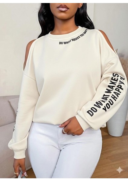 Premium 3 Iplik Kumaş Ekru Sweatshirt | Oversize Rahat Kalıp | Siyah Minimal Baskılı modelleri