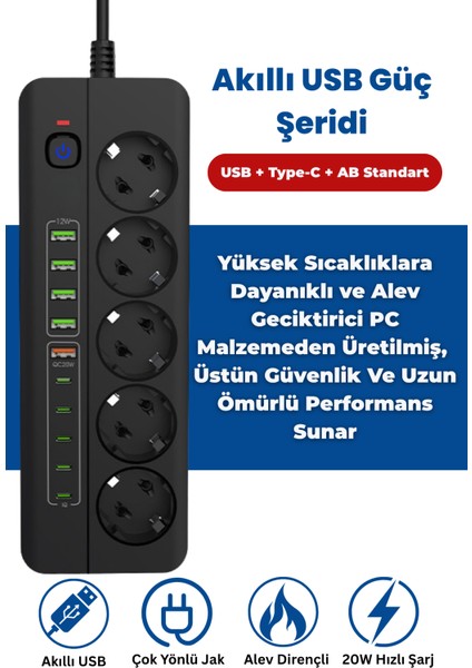 Pro P13 3000W Akım Korumalı 5 Girişli Type-C ve USB Girişli Uzatmalı Grup Priz fiyatları