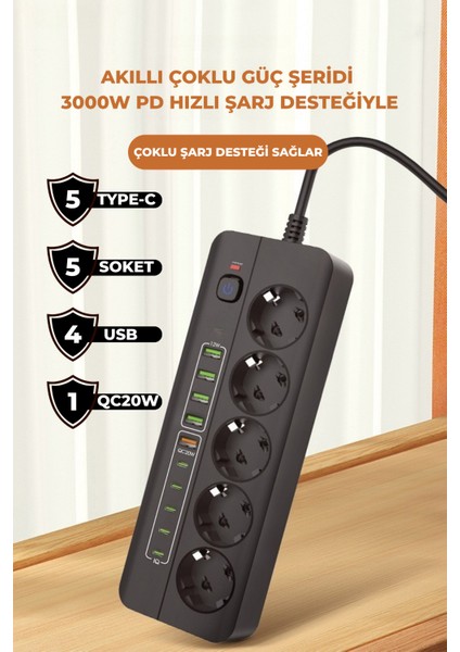 Pro P13 3000W Akım Korumalı 5 Girişli Type-C ve USB Girişli Uzatmalı Grup Priz fırsatları