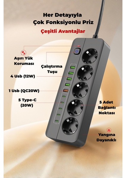 Pro P13 3000W Akım Korumalı 5 Girişli Type-C ve USB Girişli Uzatmalı Grup Priz indirimleri