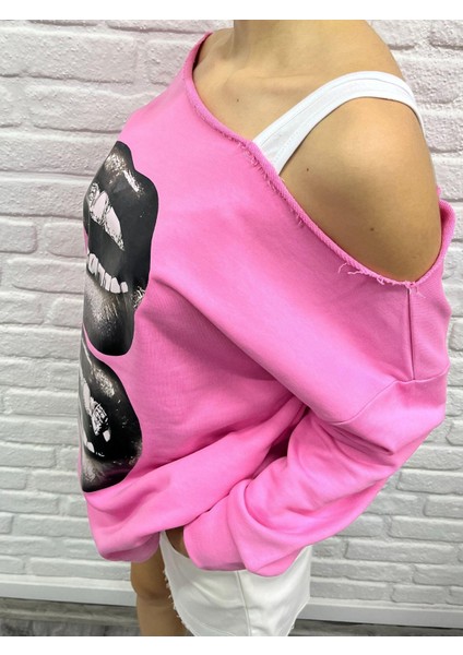 Kadın Pembe Oversize Sweatshirt – Baskılı Dudak Desenli, Sokak Stili, Rahat Kesim fiyatları