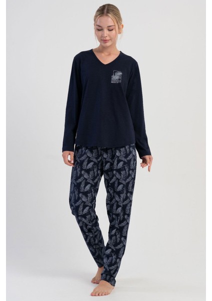 Kadın Büyük Beden Lacivert Uzun Kollu V Yaka Desenli Pijama Takımı C0T7N1305