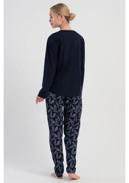Kadın Büyük Beden Lacivert Uzun Kollu V Yaka Desenli Pijama Takımı C0T7N1305 fırsatları