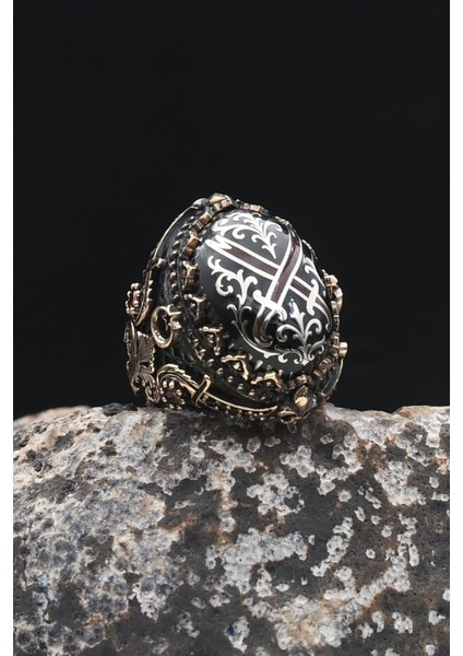 Özel Tasarım Hz. Ali'nin Kılıcı Zülfikar Sıkma Kehribar Taşlı 925 Ayar Gümüş Erkek Yüzüğü 902325 modelleri