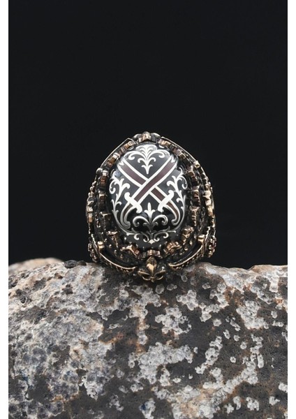 Özel Tasarım Hz. Ali'nin Kılıcı Zülfikar Sıkma Kehribar Taşlı 925 Ayar Gümüş Erkek Yüzüğü 902325 fırsatları