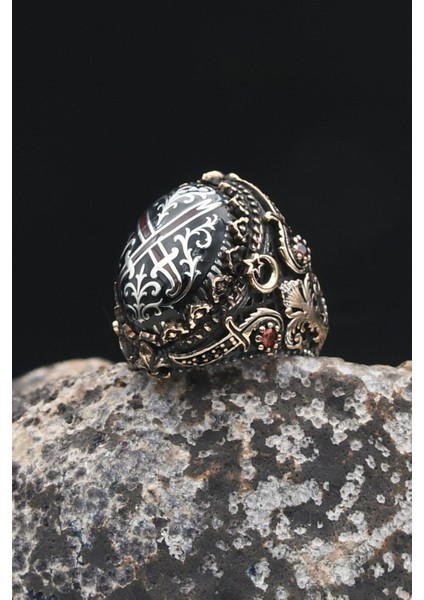 Özel Tasarım Hz. Ali'nin Kılıcı Zülfikar Sıkma Kehribar Taşlı 925 Ayar Gümüş Erkek Yüzüğü 902325 indirimleri