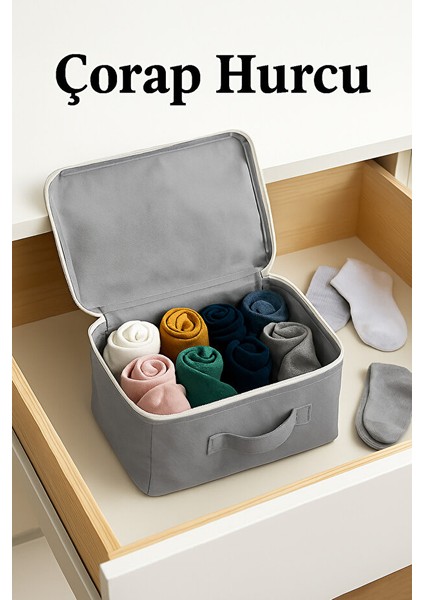 (1 Adet) Çorap Hurcu Gri Kumaş Organizer Fermuarlı Saklama Hurcu Çekmece Içi Düzenleyici 29X24X17 cm modelleri