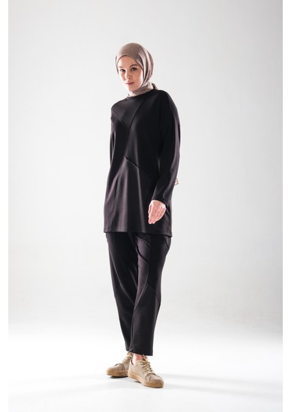 2283_PATCH ve Dikiş Detaylı Esnek Kumaş Tesettür Kadın Spor Eşofman Takımı –cepli Havuç Fit Pantolon indirimleri