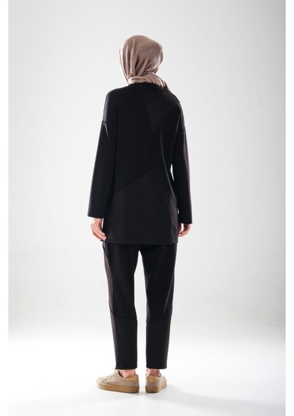 2283_PATCH ve Dikiş Detaylı Esnek Kumaş Tesettür Kadın Spor Eşofman Takımı –cepli Havuç Fit Pantolon