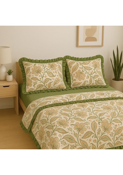 Şakayık Çiçekli Fırfırlı % 100 Pamuk Çift Kişilik Nevresim Takımı