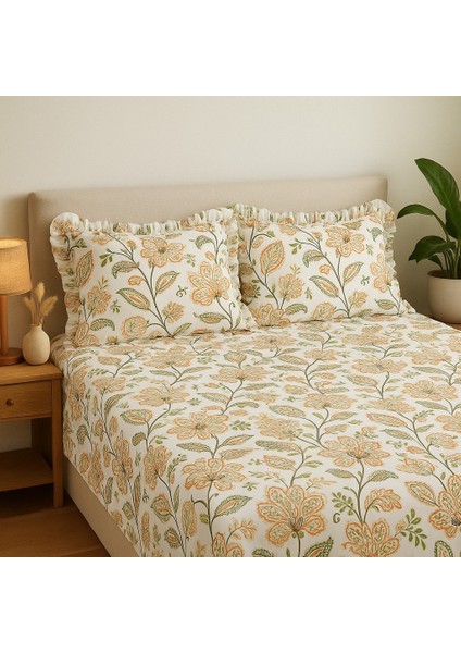 Şakayık Çiçekli Fırfırlı % 100 Pamuk Çift Kişilik Nevresim Takımı fırsatları
