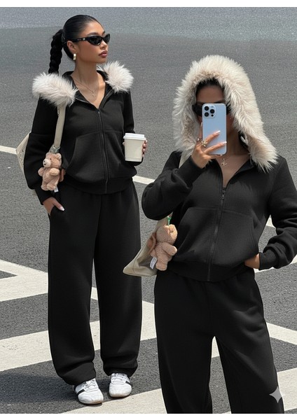 Kadın Siyah Fermuarlı Kapüşonlu Sweatshirt Eşfoman Takımı – Kürklü Kapüşon, Cepli, Rahat Kalıp