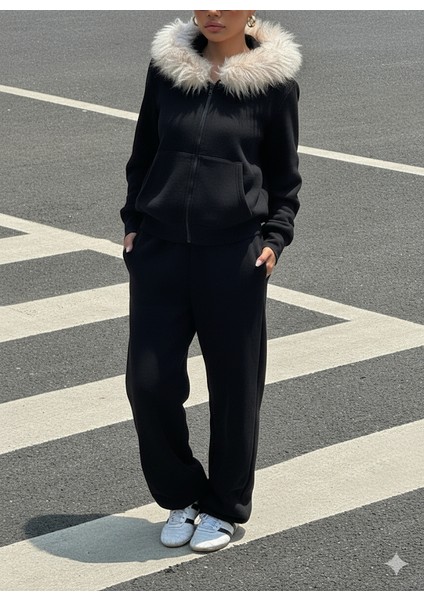 Kadın Siyah Fermuarlı Kapüşonlu Sweatshirt Eşfoman Takımı – Kürklü Kapüşon, Cepli, Rahat Kalıp fırsatları