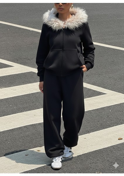 Kadın Siyah Fermuarlı Kapüşonlu Sweatshirt Eşfoman Takımı – Kürklü Kapüşon, Cepli, Rahat Kalıp indirimleri