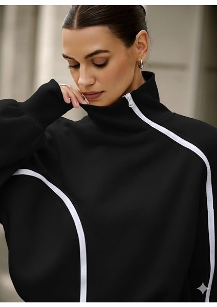 Siyah Kadın Yüksek Yaka Komple Fermuarlı Sweatshirt – Spor ve Günlük Şık Oversize Model