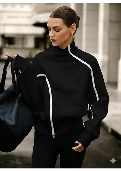 Siyah Kadın Yüksek Yaka Komple Fermuarlı Sweatshirt – Spor ve Günlük Şık Oversize Model fırsatları