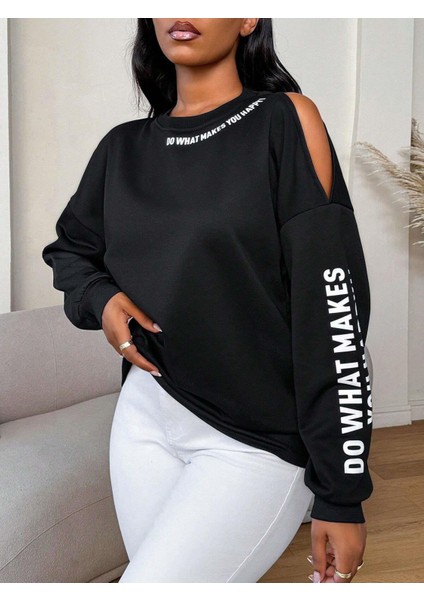 Premium 3 Iplik Kumaş Siyah Sweatshirt | Oversize Rahat Kalıp | Siyah Minimal Baskılı modelleri