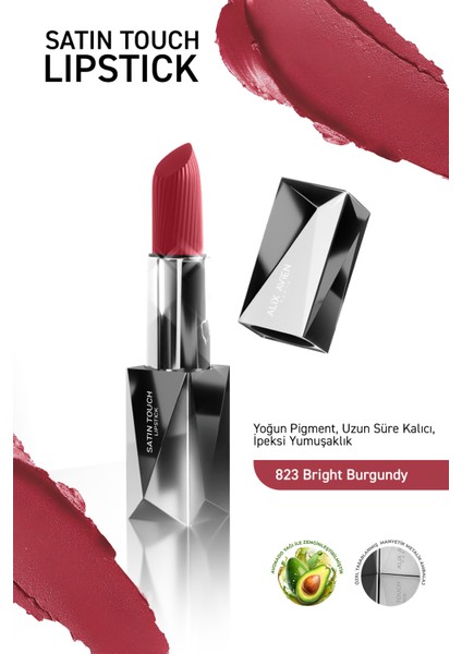 Uzun Süre Kalıcı Nemlendirici Pürüzsüz Etkili Yarı Mat Ruj -Satin Touch Lipstick 823 Bright Burgundy
