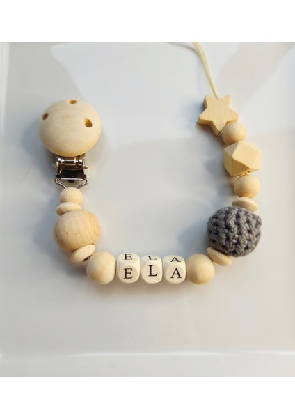 Yıldızlı Gri Isimli Bebek Emzik Zinciri Askısı