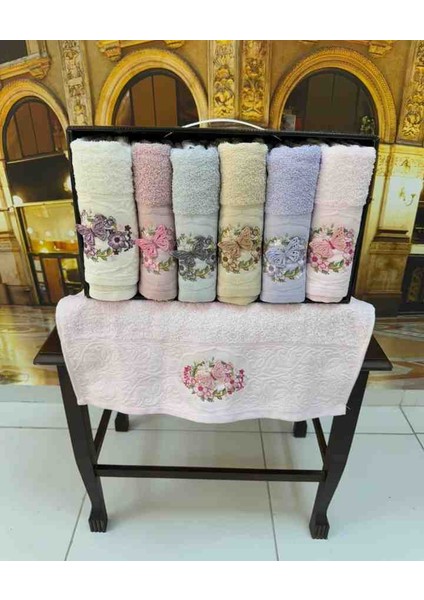 %100 Pamuklu Jakarlı 3D Nakışlı 6 Renk Çeyizlik Lüx El ve Yüz Havlusu Kutulu Set fiyatları