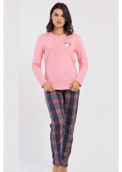 Kadın Pembe Uzun Kollu Bisiklet Yaka Ekose Alt Pijama Takımı C2T2N2305