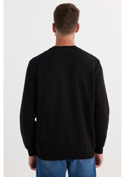 Unisex Relax Fit Rahat Kesim Pamuklu Yumuşak Dokulu Bisklet Yaka Iç Polarlı Baskılı Siyah Sweatshirt